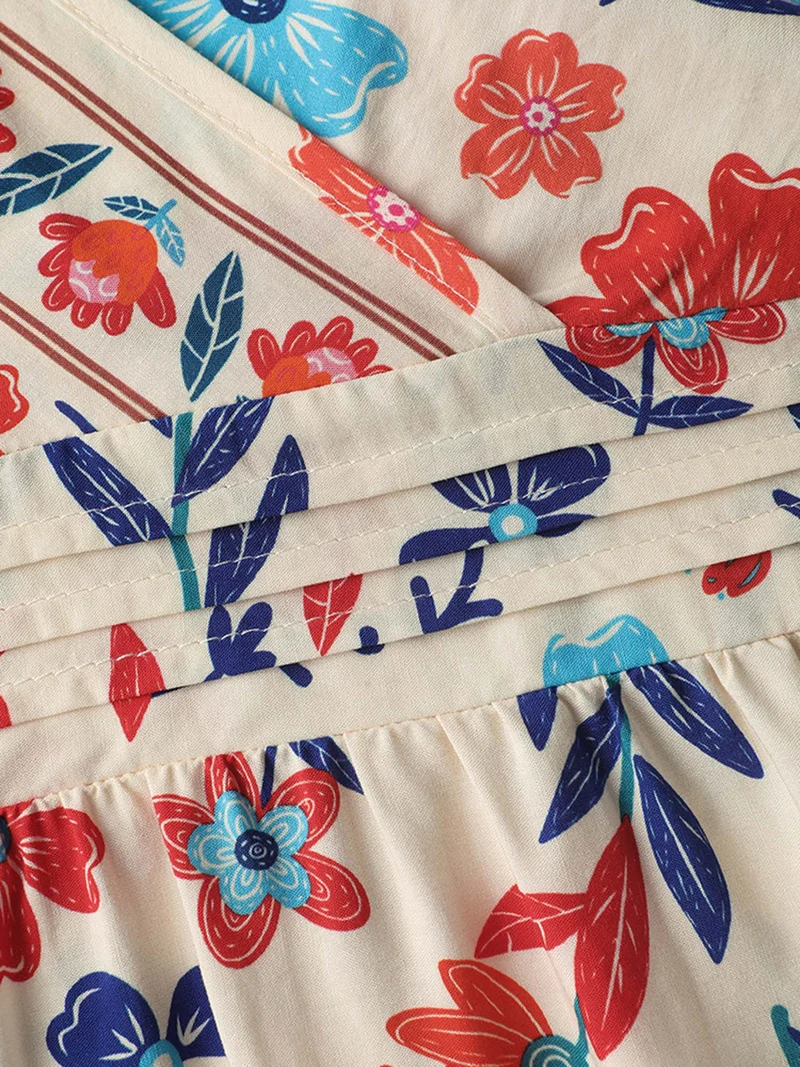 Floral Print Pleated Waist Surplice Blouse