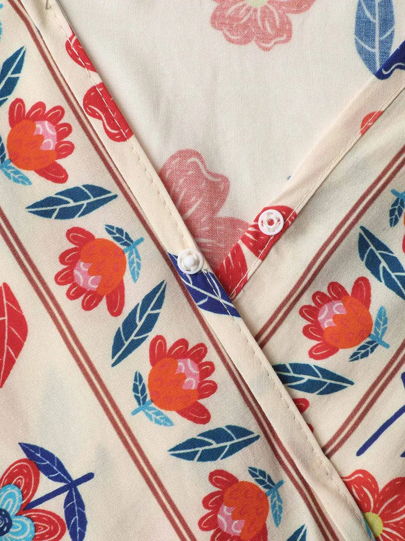 Floral Print Pleated Waist Surplice Blouse