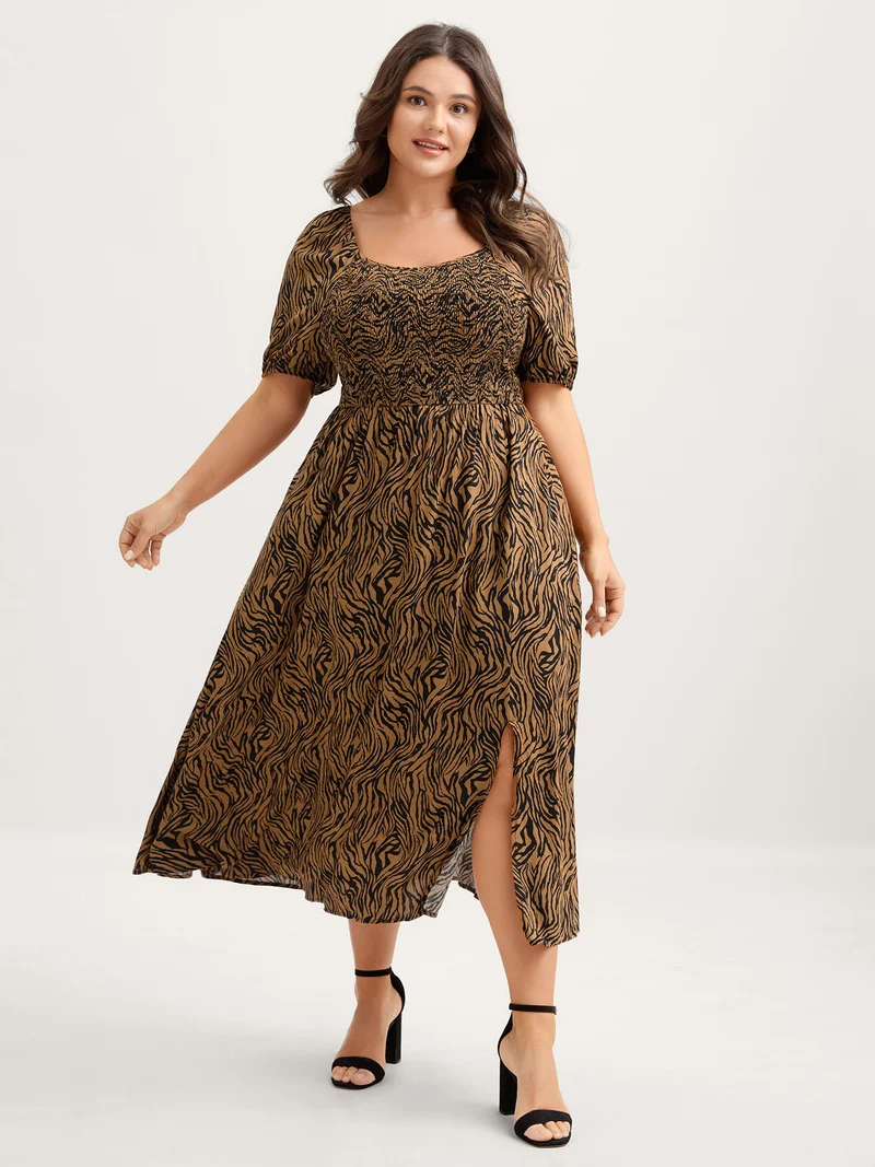 Leopard Print Shirred Split Hem Midi Dress