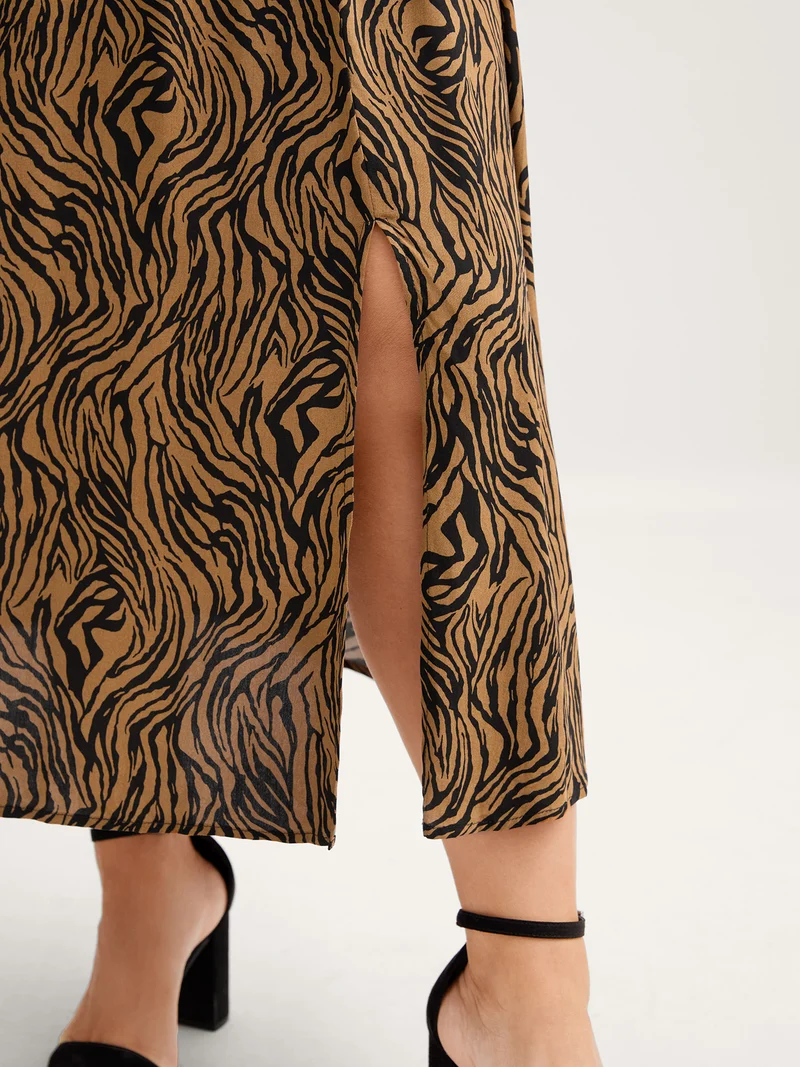 Leopard Print Shirred Split Hem Midi Dress