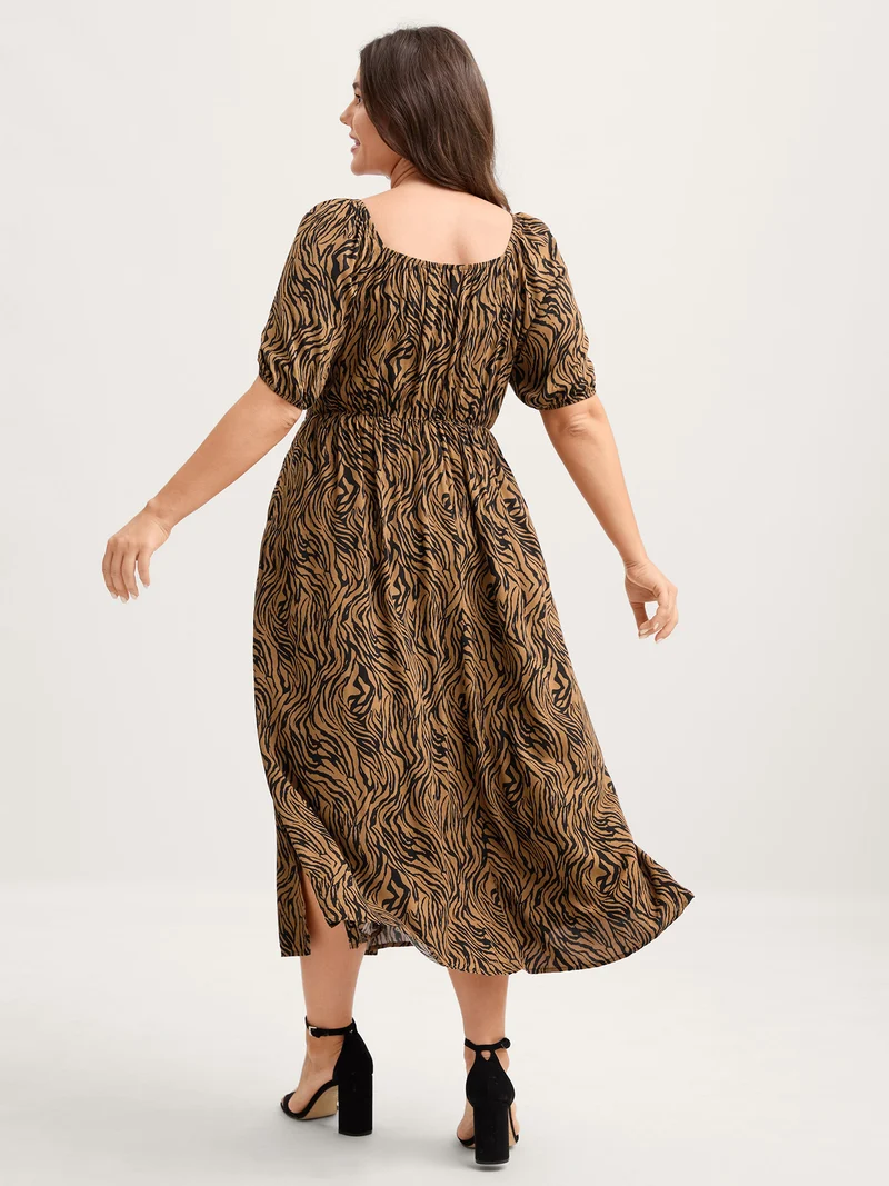 Leopard Print Shirred Split Hem Midi Dress