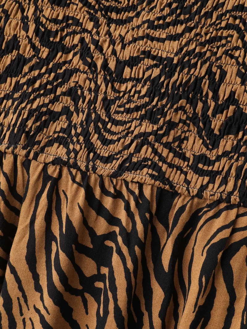 Leopard Print Shirred Split Hem Midi Dress
