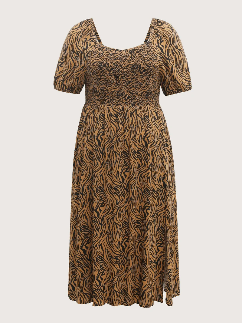 Leopard Print Shirred Split Hem Midi Dress