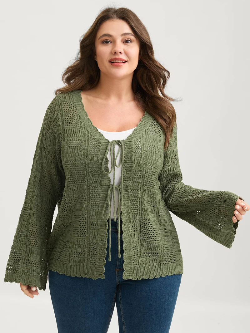 Crochet Textured Front-Tie Knit Cardigan