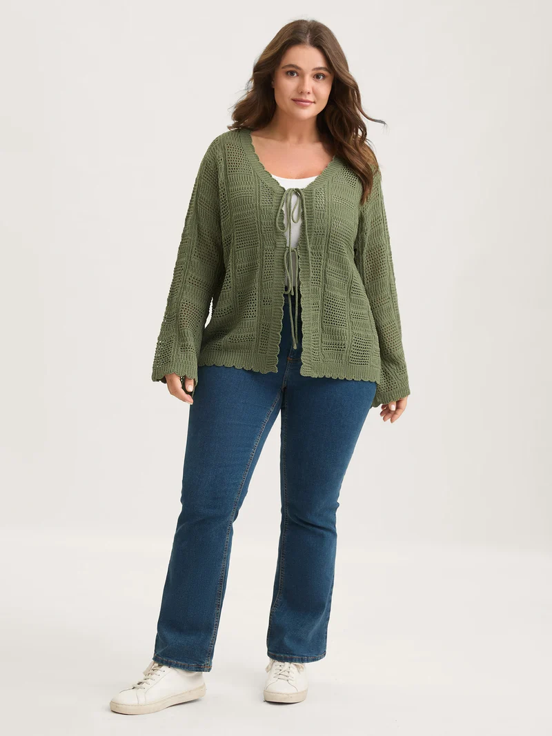 Crochet Textured Front-Tie Knit Cardigan