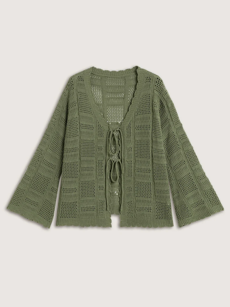 Crochet Textured Front-Tie Knit Cardigan
