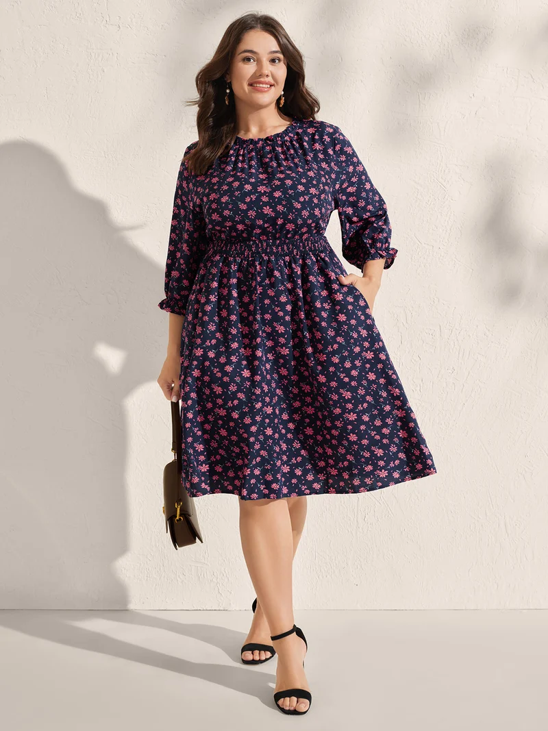 Floral Shirred Waist-Defining Pockets Midi Dress