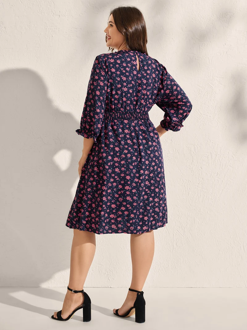 Floral Shirred Waist-Defining Pockets Midi Dress