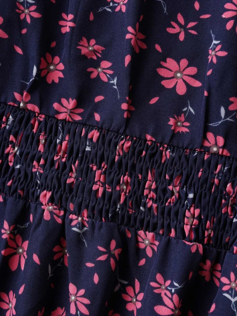 Floral Shirred Waist-Defining Pockets Midi Dress