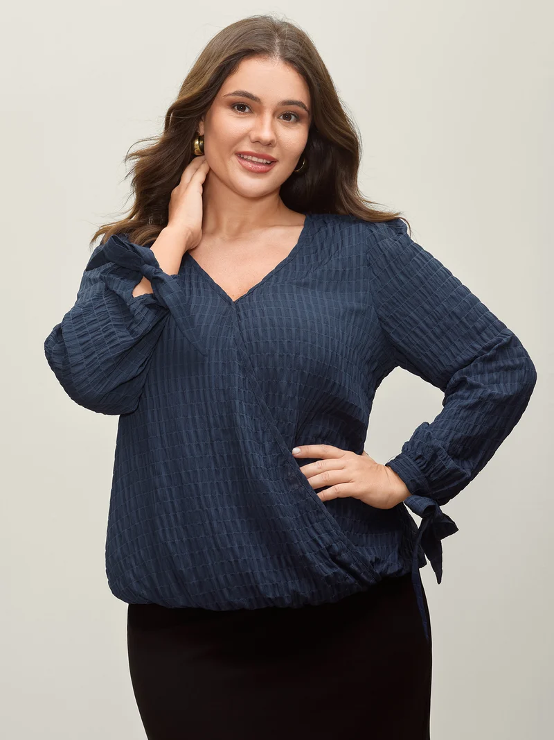 Textured Surplice Neck Sleeve-Tie Blouse