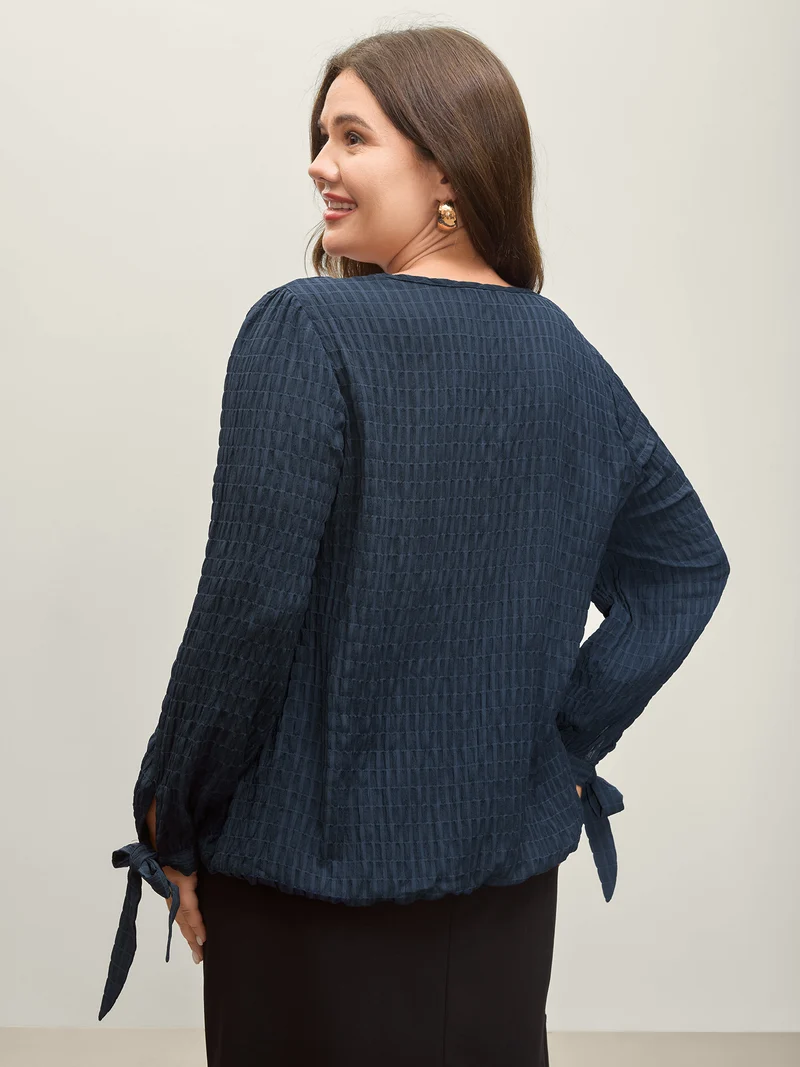 Textured Surplice Neck Sleeve-Tie Blouse