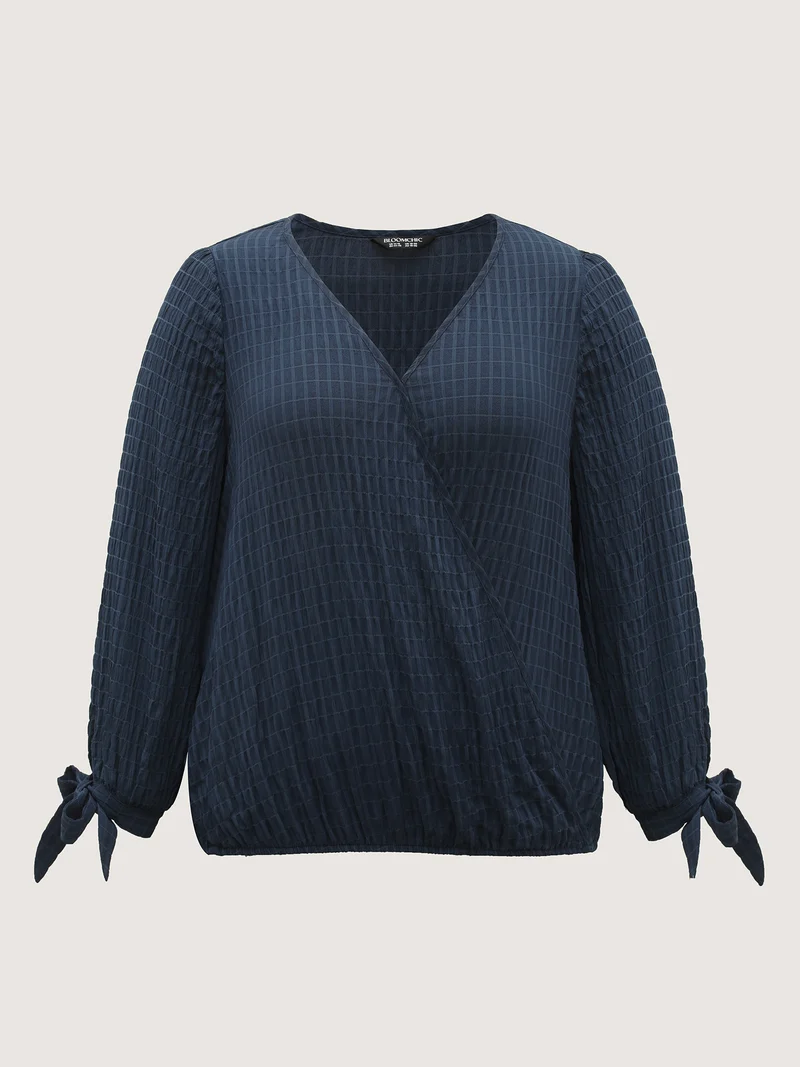 Textured Surplice Neck Sleeve-Tie Blouse