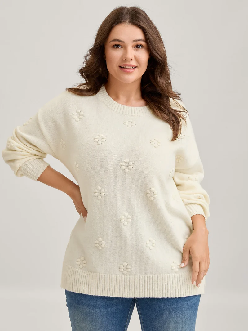 Floral Textured Ribbed Hem Pullover