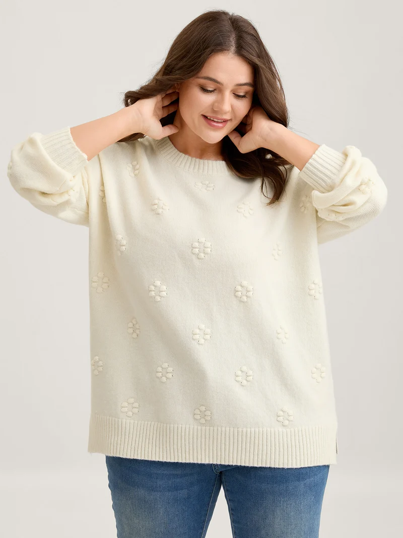 Floral Textured Ribbed Hem Pullover