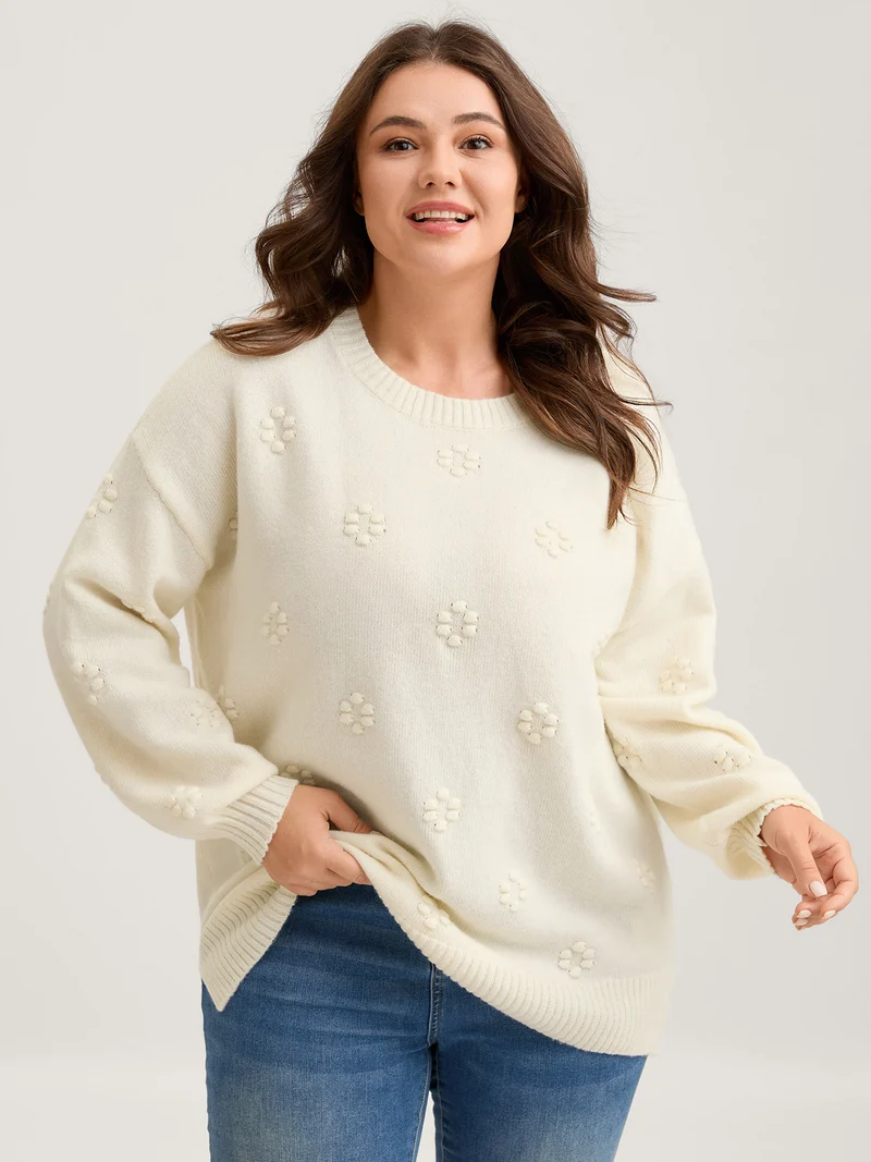 Floral Textured Ribbed Hem Pullover