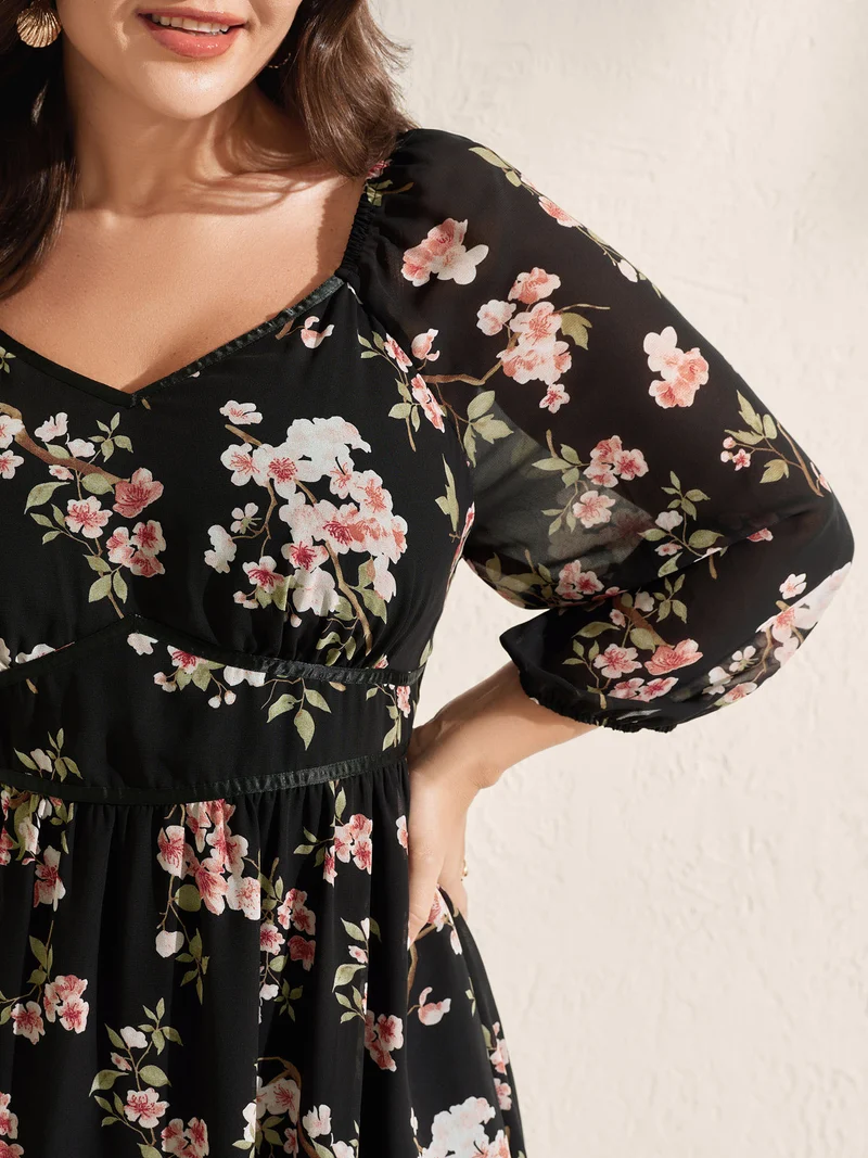 Chiffon Floral Triangular Waist Cinched Maxi Dress