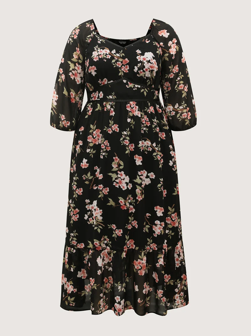 Chiffon Floral Triangular Waist Cinched Maxi Dress