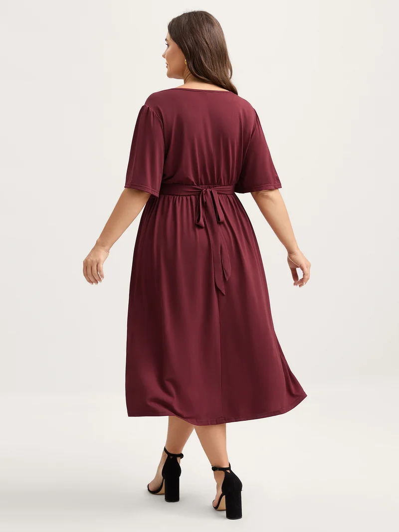 Stretchy Overlap Belted Pockets Midi Dress