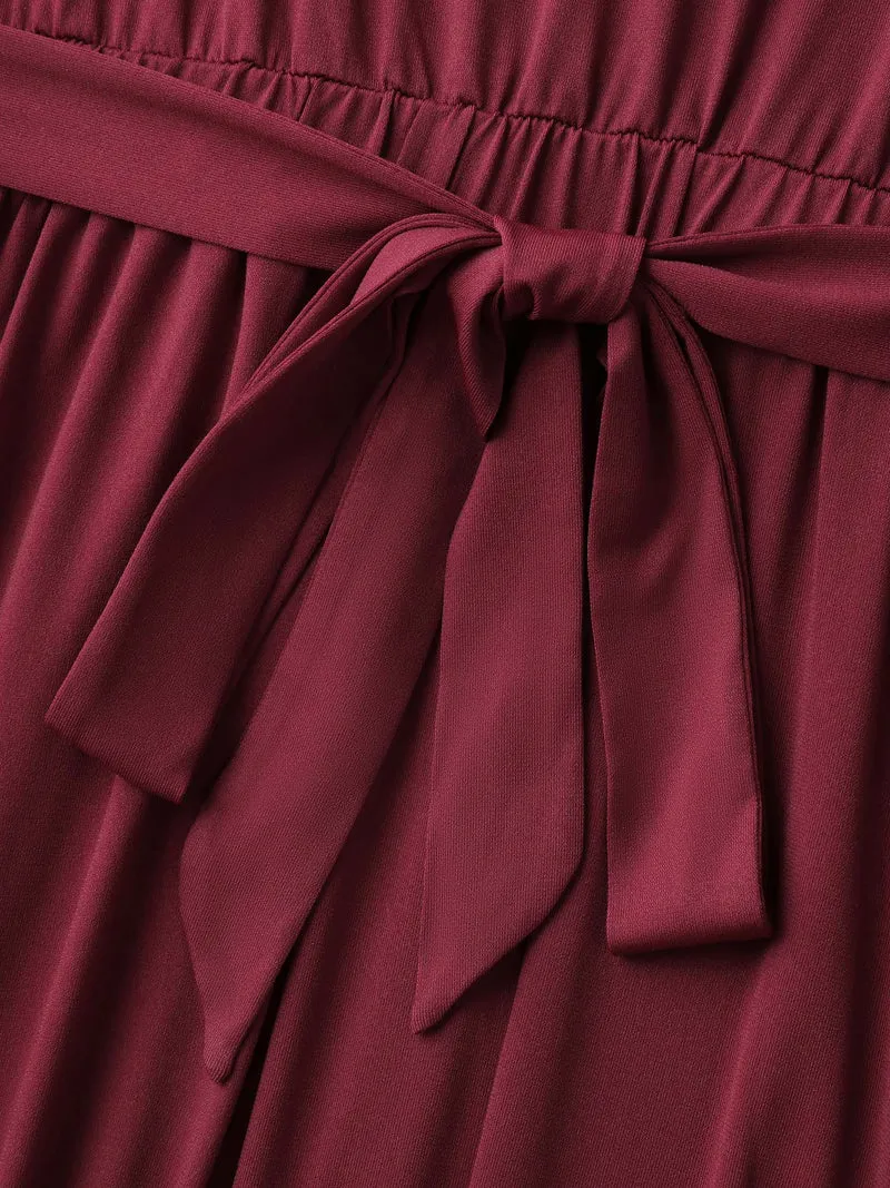 Stretchy Overlap Belted Pockets Midi Dress