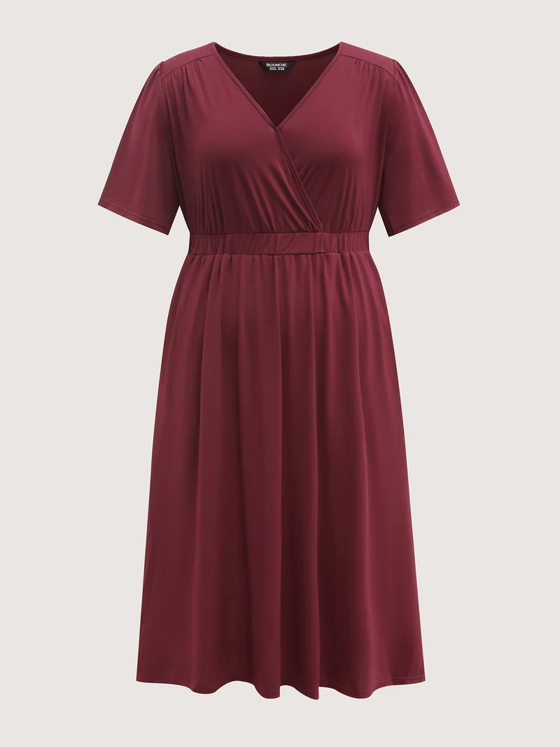 Stretchy Overlap Belted Pockets Midi Dress