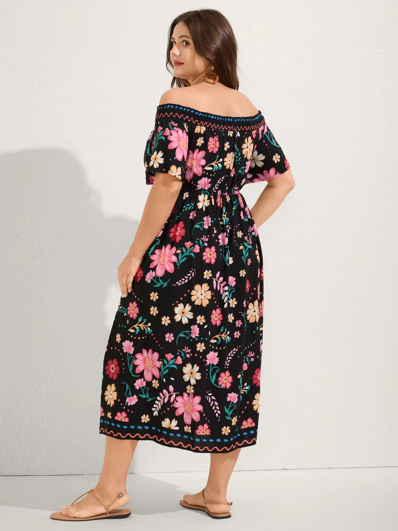 Rayon Floral Shirred Off-Shoulder Midi Dress