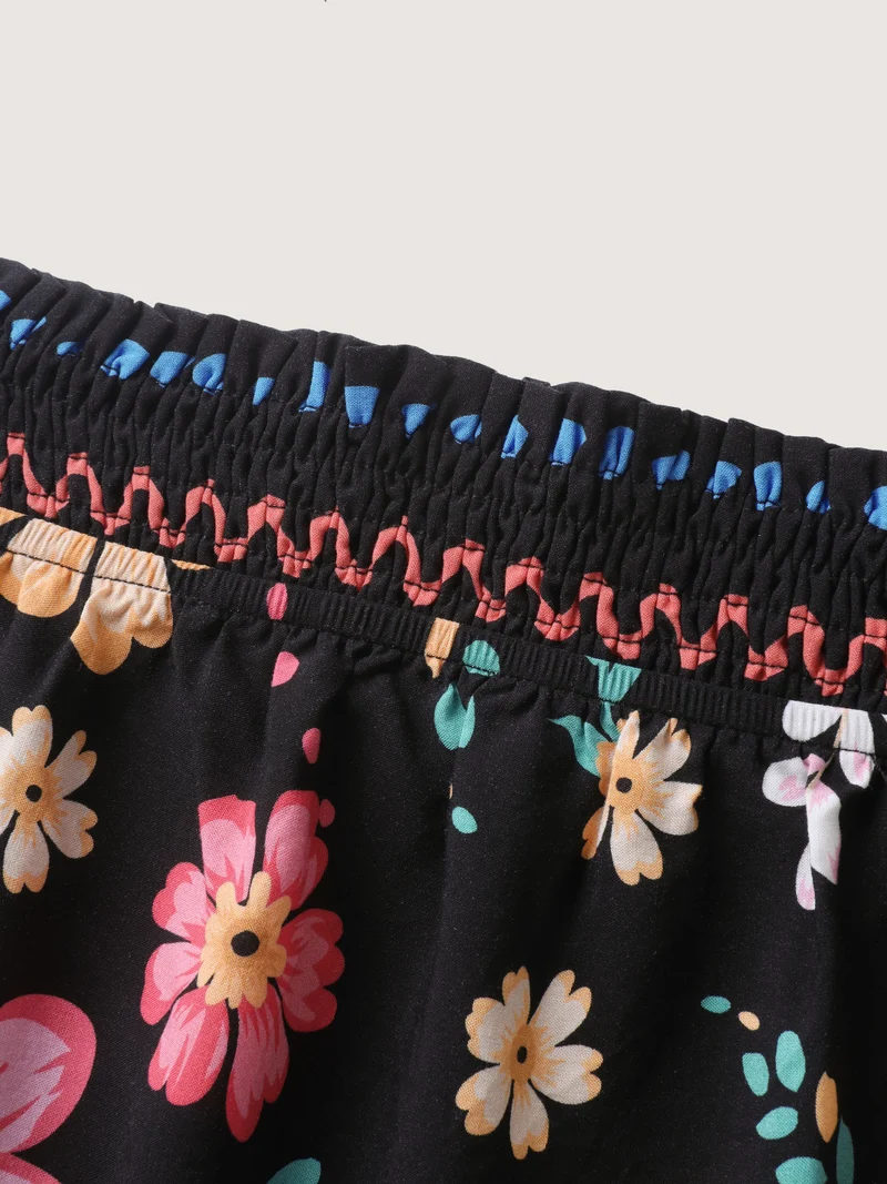 Rayon Floral Shirred Off-Shoulder Midi Dress