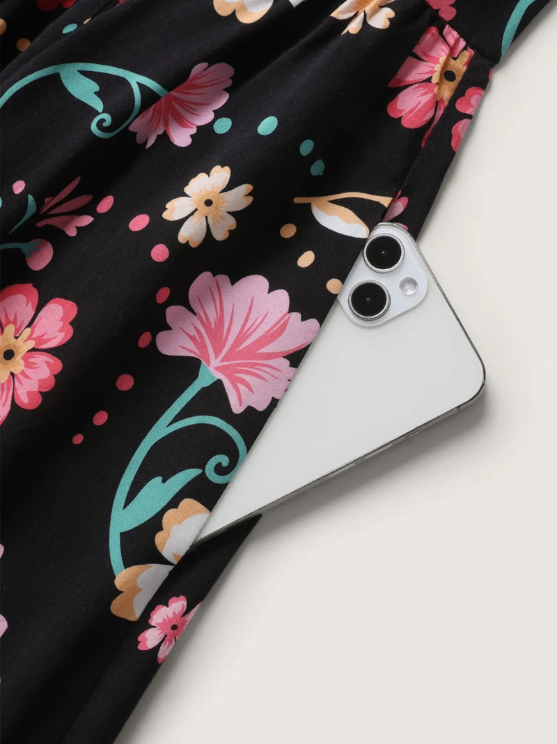 Rayon Floral Shirred Off-Shoulder Midi Dress