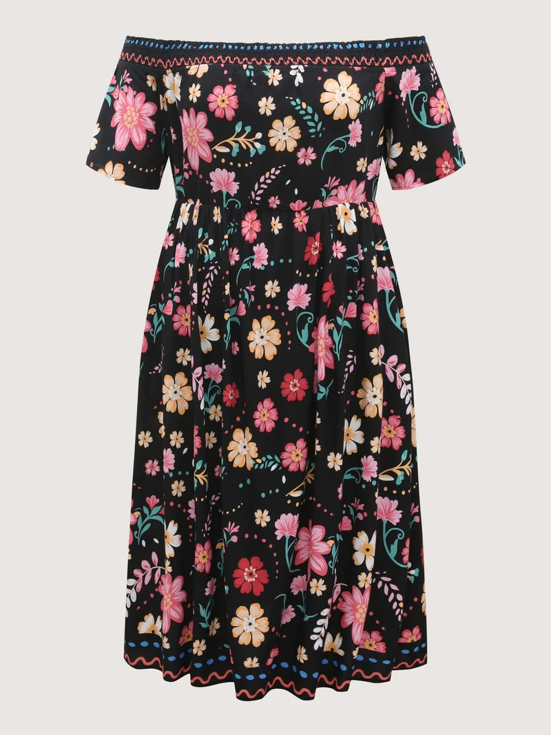 Rayon Floral Shirred Off-Shoulder Midi Dress