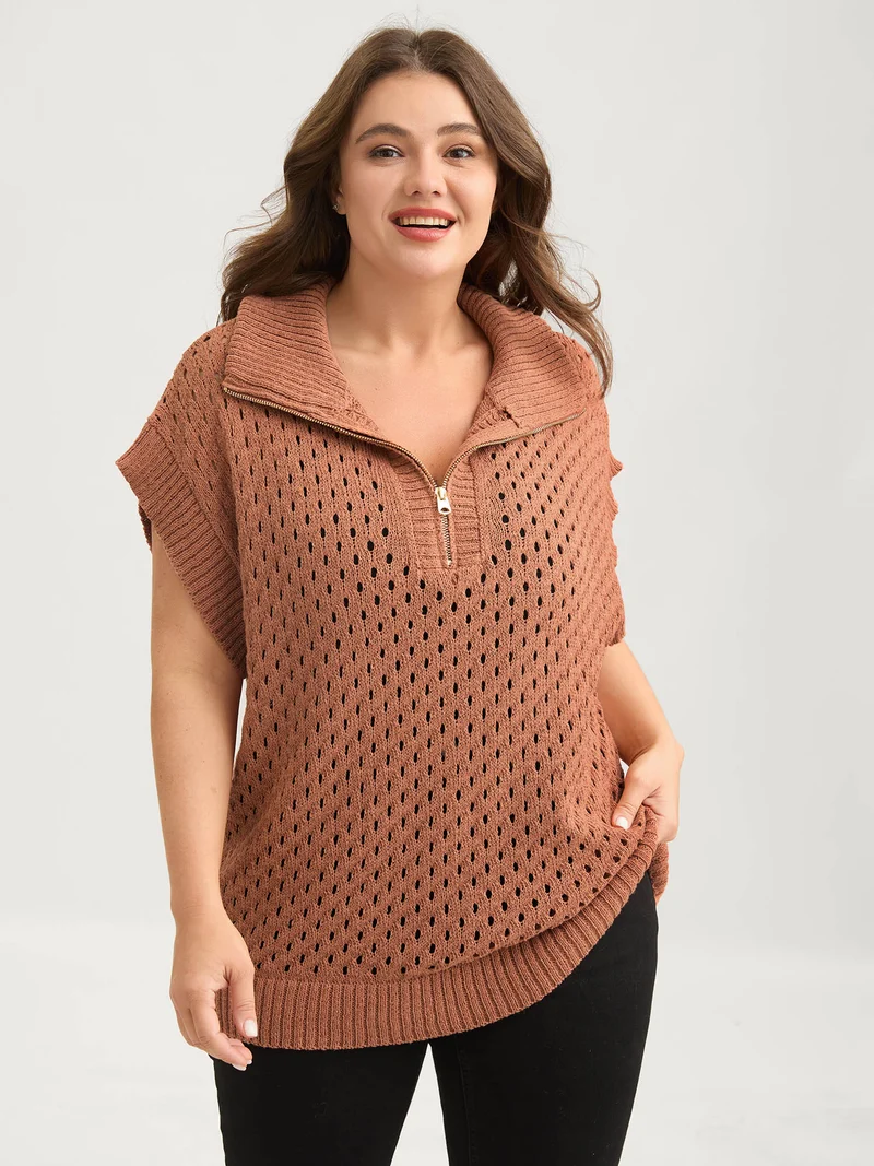 Half-Zipper Sheer Textured Sleeveless Pullover
