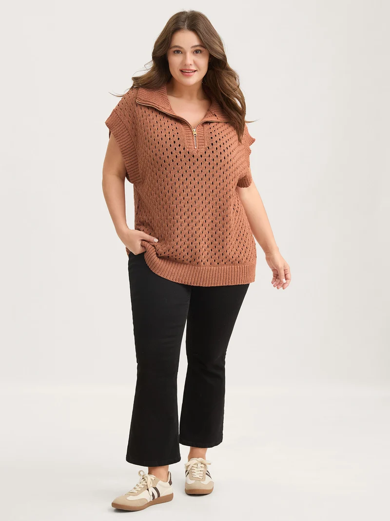 Half-Zipper Sheer Textured Sleeveless Pullover