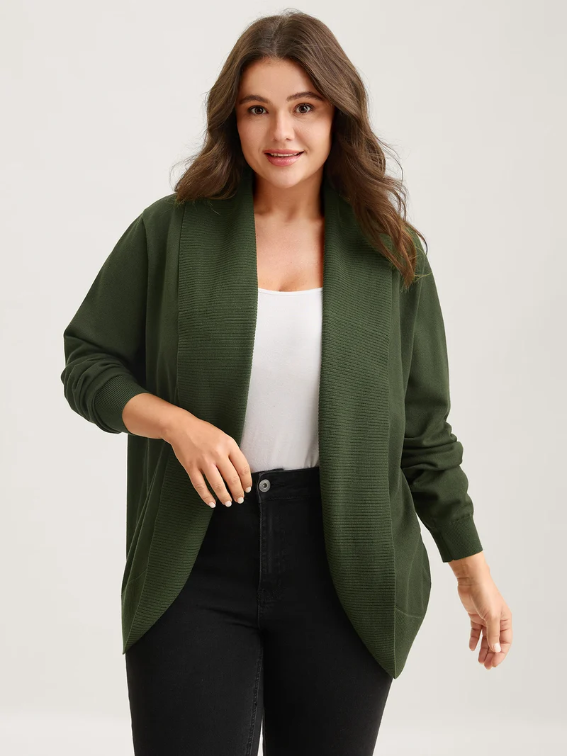 Arc Hem Folded Collar Drop Shoulder Cardigan