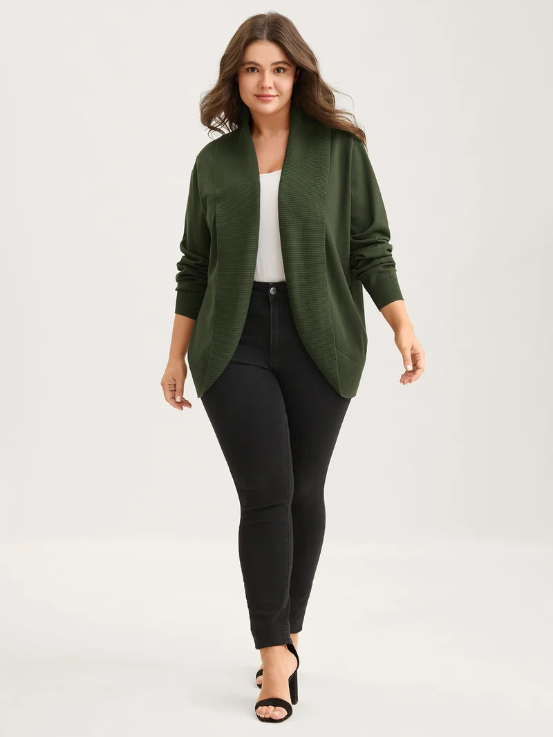 Arc Hem Folded Collar Drop Shoulder Cardigan