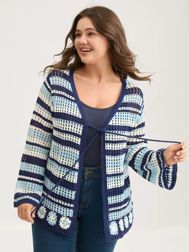 Crochet Color Stripes Flared Sleeve Knit Cardigan