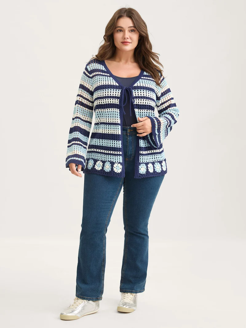 Crochet Color Stripes Flared Sleeve Knit Cardigan