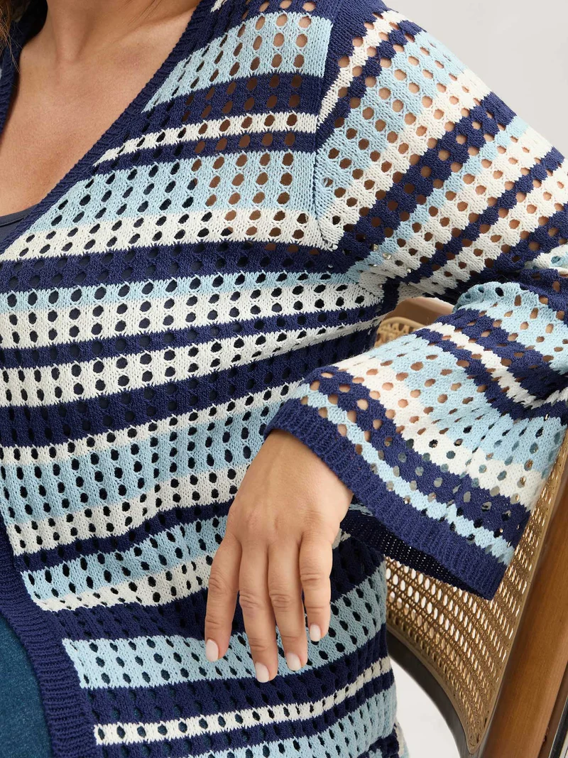 Crochet Color Stripes Flared Sleeve Knit Cardigan