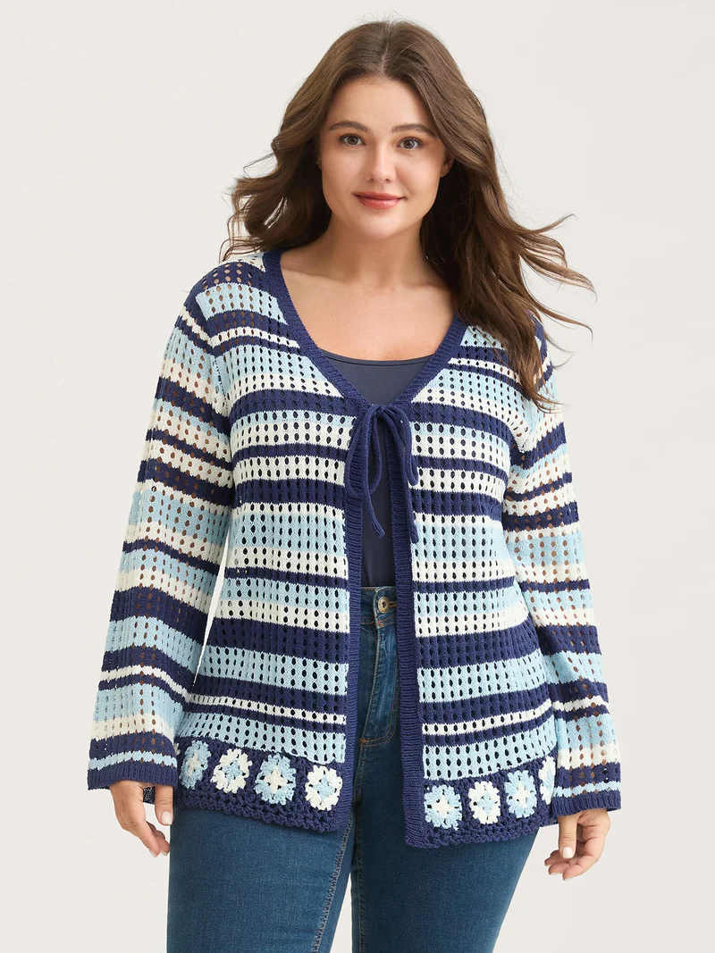 Crochet Color Stripes Flared Sleeve Knit Cardigan