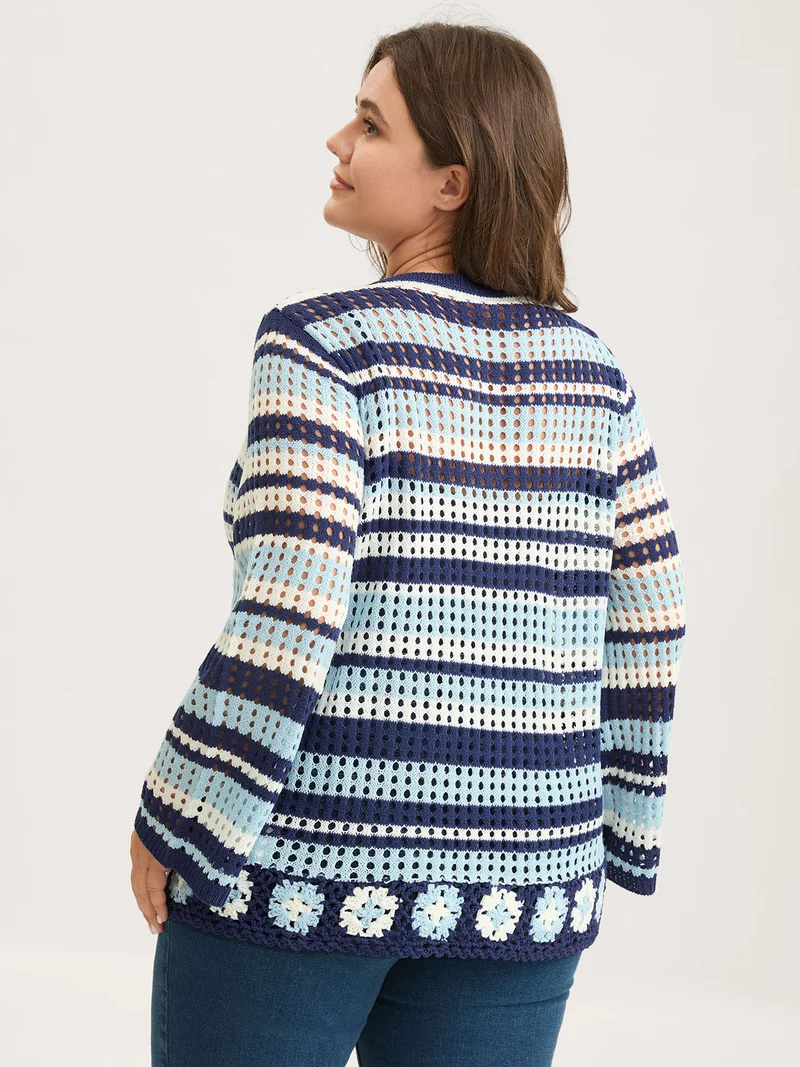 Crochet Color Stripes Flared Sleeve Knit Cardigan