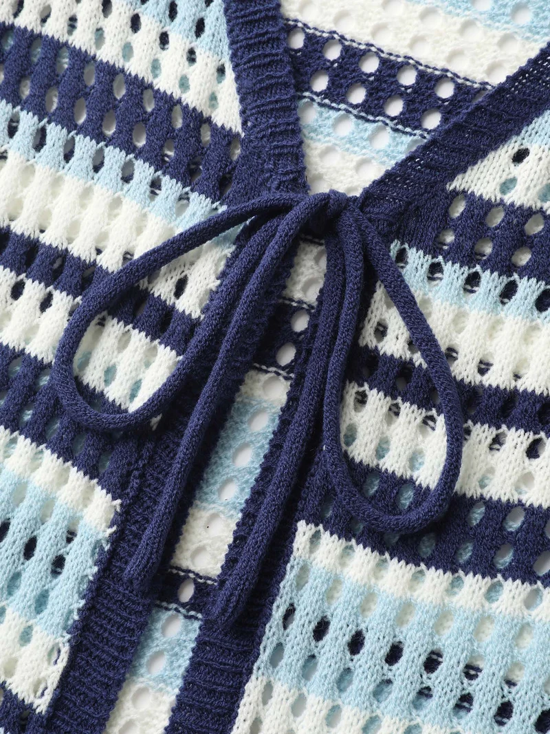 Crochet Color Stripes Flared Sleeve Knit Cardigan