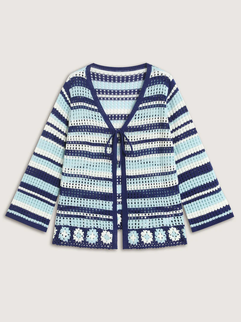 Crochet Color Stripes Flared Sleeve Knit Cardigan