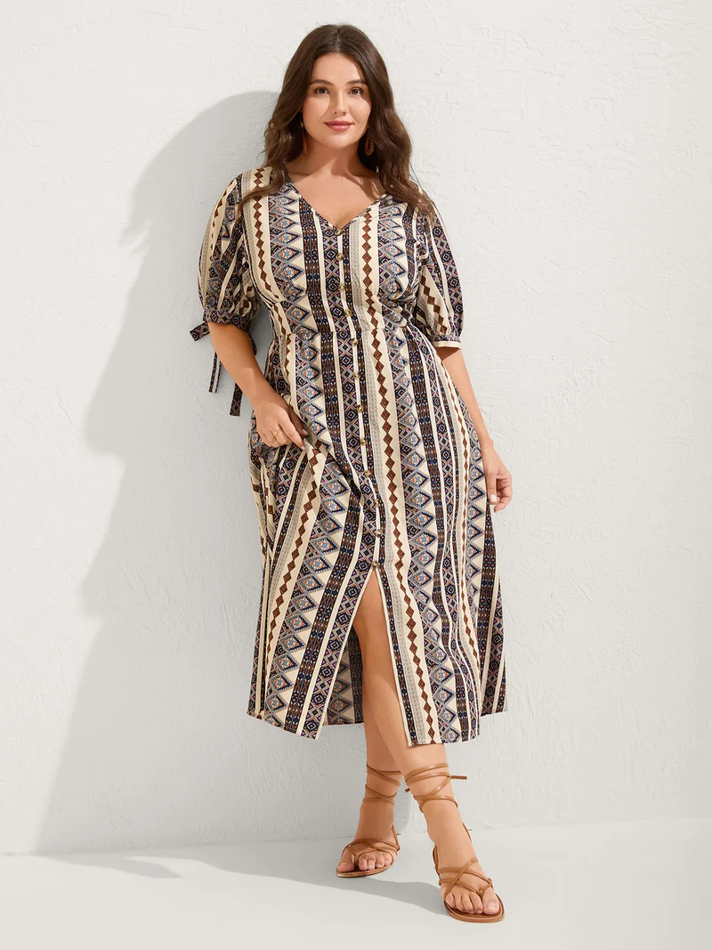 Geometric Stripes Button Detail Midi Dress