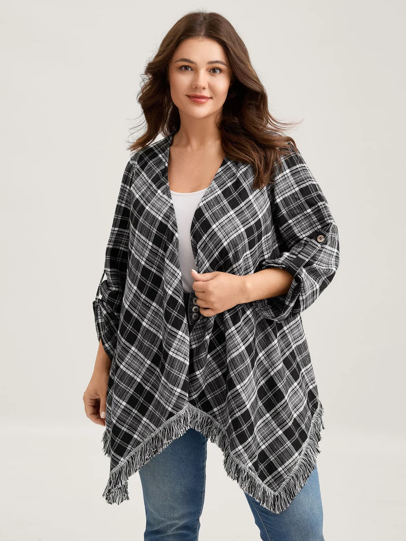 Plaid Print Open-Front Tassels Jacket
