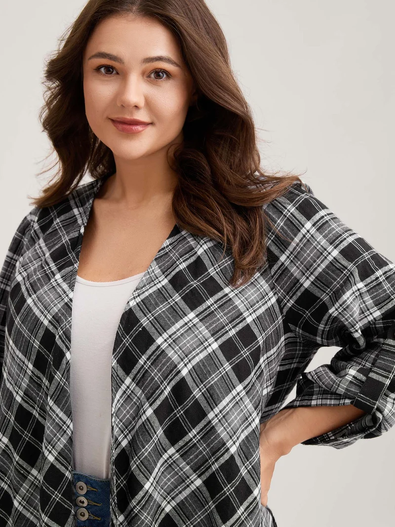 Plaid Print Open-Front Tassels Jacket