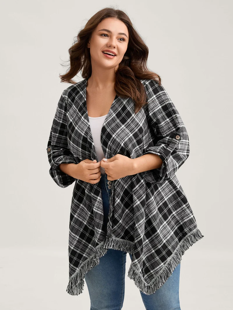 Plaid Print Open-Front Tassels Jacket