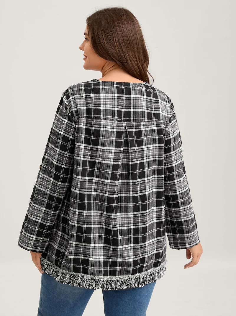 Plaid Print Open-Front Tassels Jacket