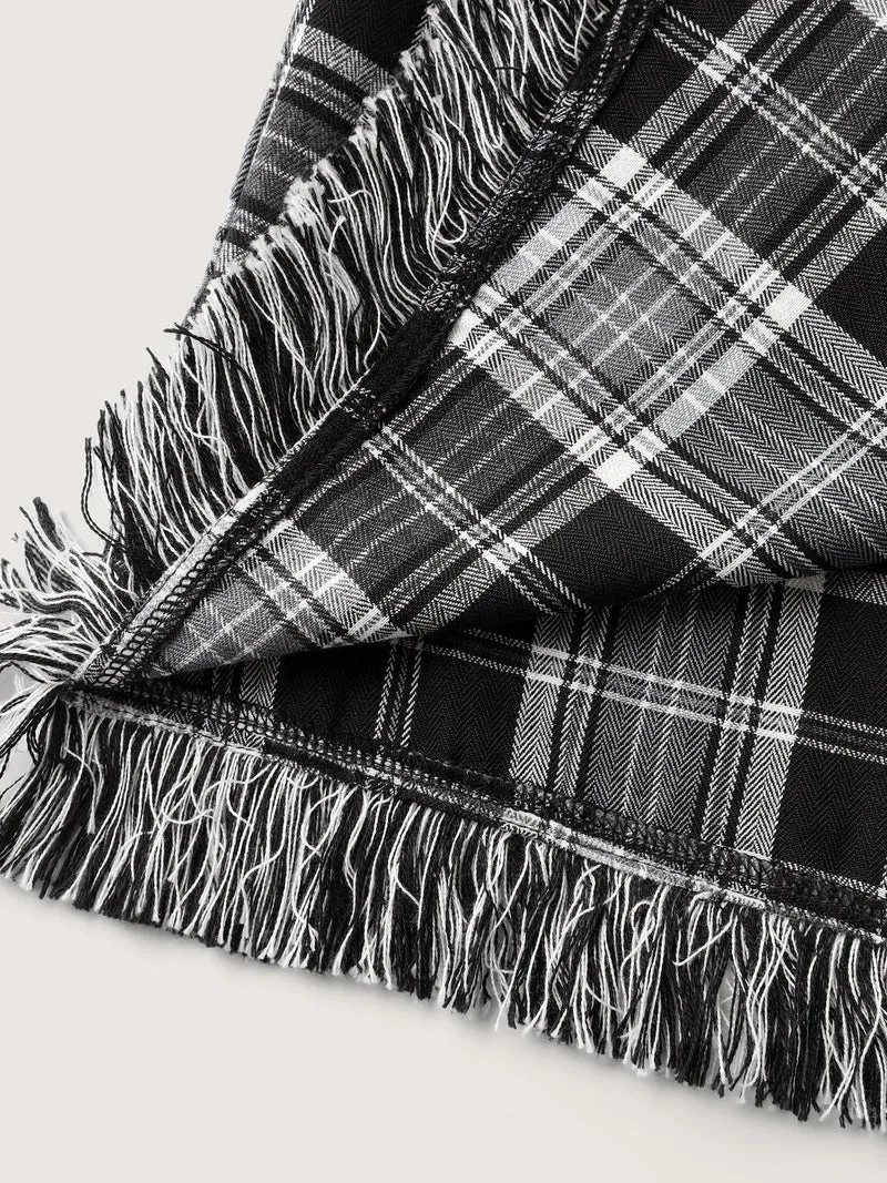 Plaid Print Open-Front Tassels Jacket