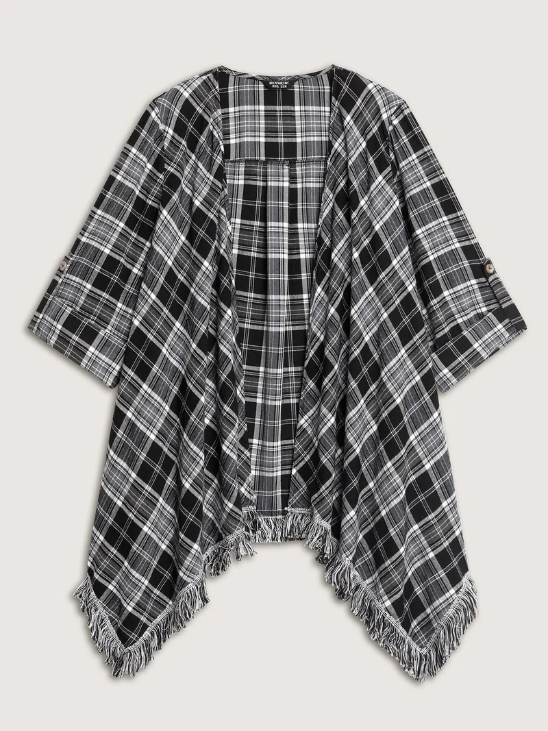 Plaid Print Open-Front Tassels Jacket