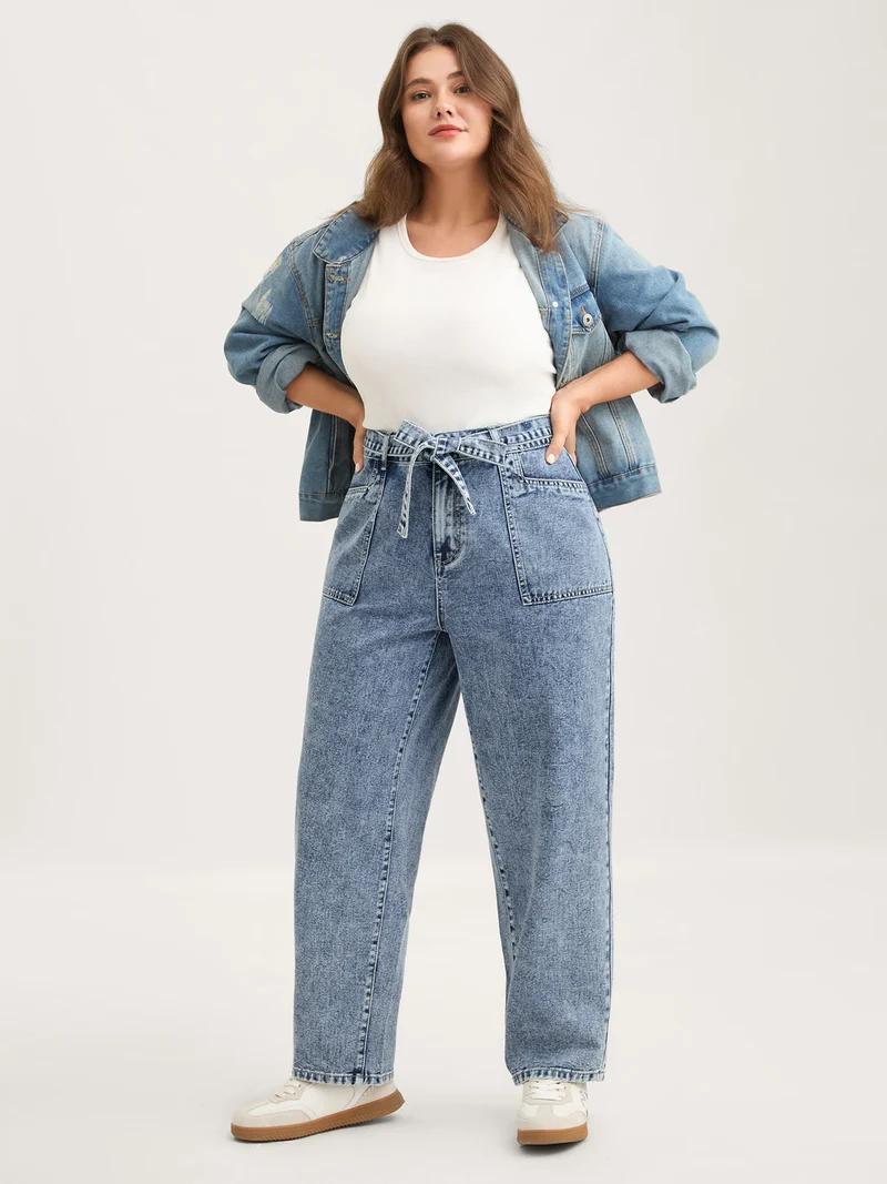 Waist Belted Pockets Boyfriend Jeans