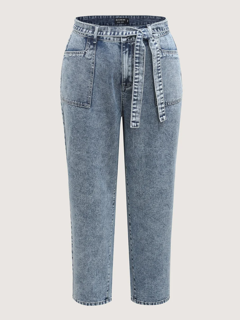 Waist Belted Pockets Boyfriend Jeans