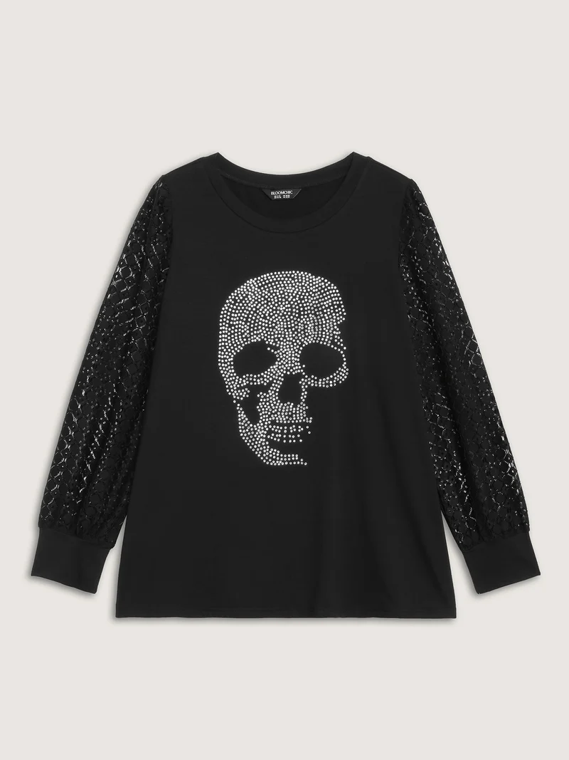 Halloween Skull Shimmery Rhinestones Lace T-Shirt
