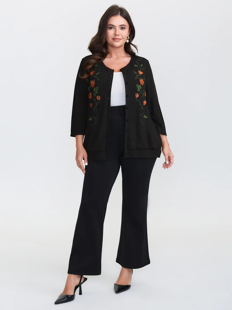 Floral Embroidery Stretch Knit Button Top